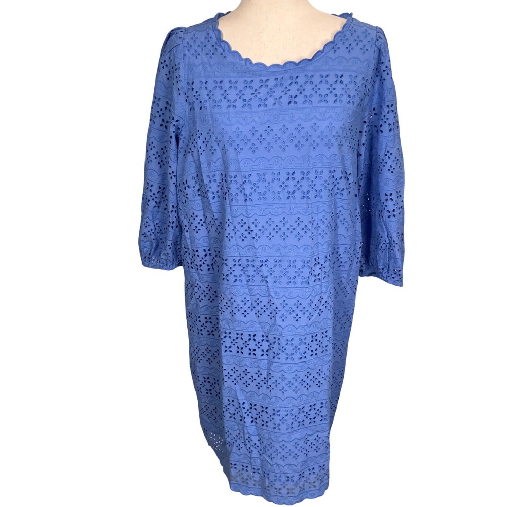 Talbots Eyelet Shift Dress Women 12 Blue Eyelet Scalloped 3/4 Sleeve Cotton